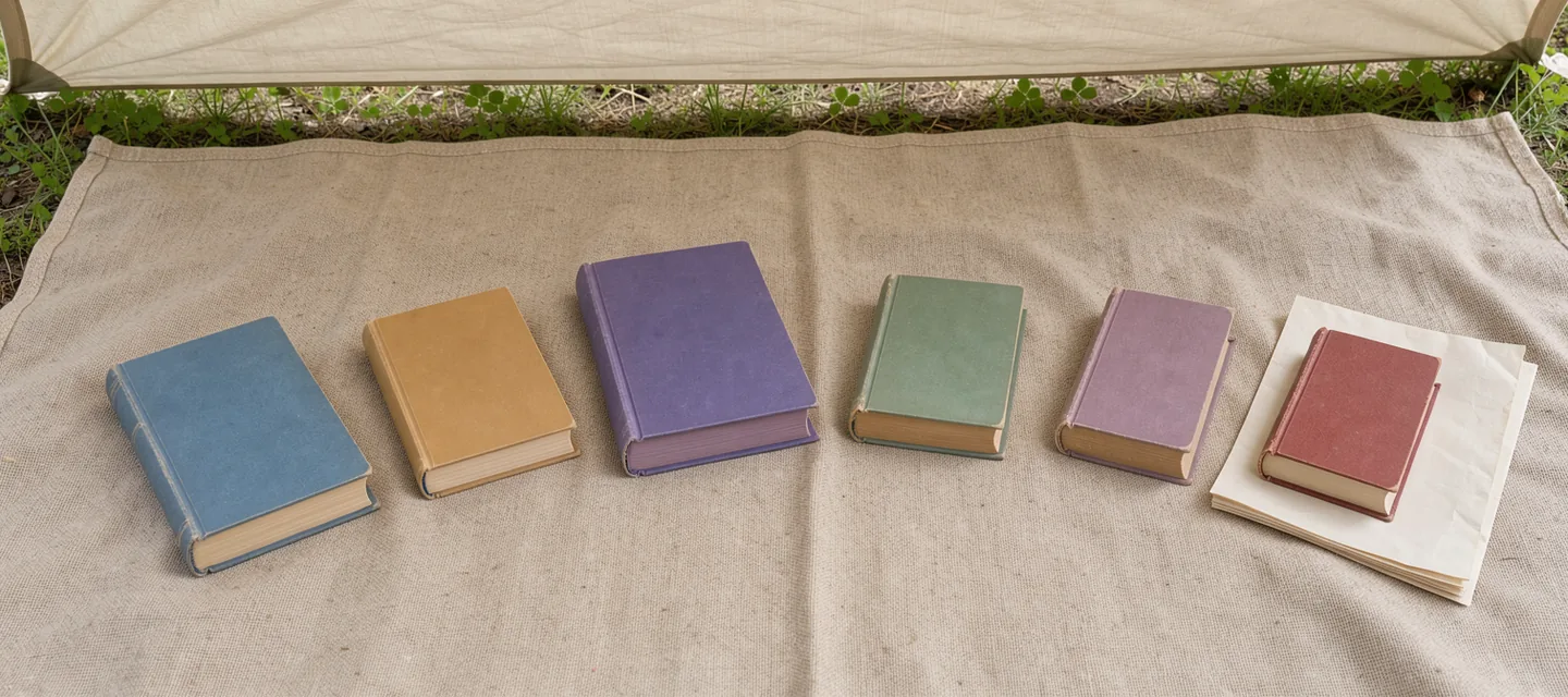 Blank-spined books laid in a loose sequence beside folded paper on a sunlit picnic blanket