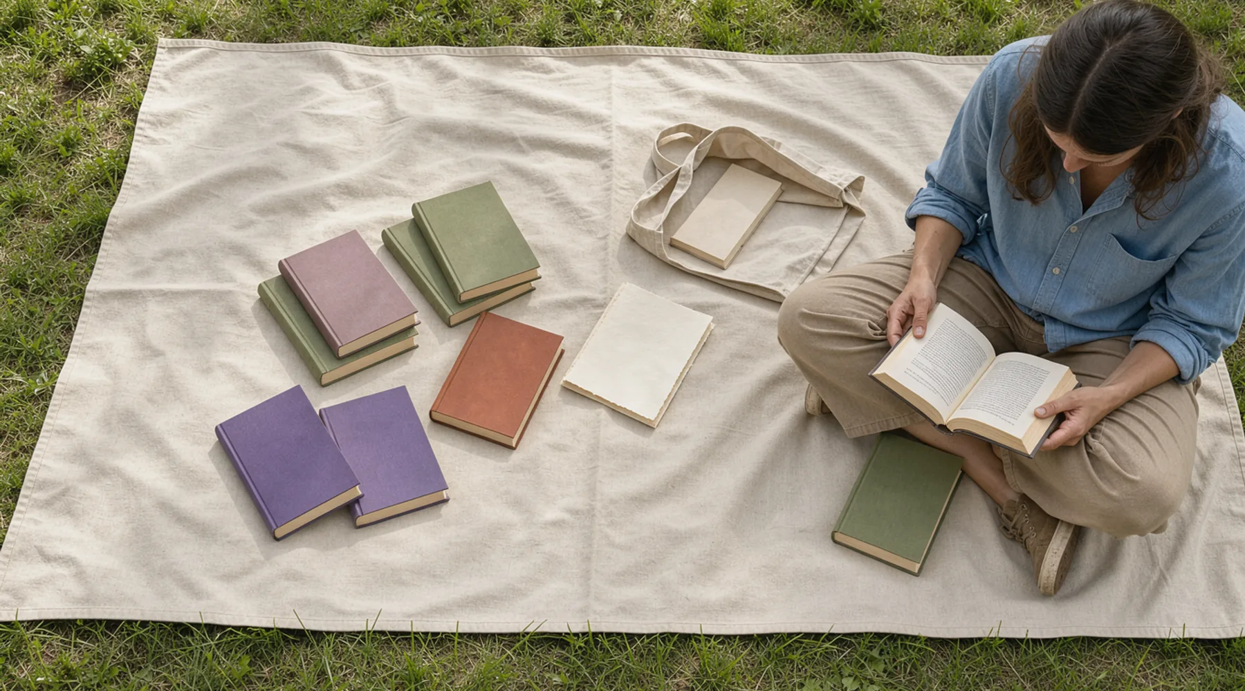 A reader on a canvas blanket beneath a plain sunshade, with colourful closed books and folded paper