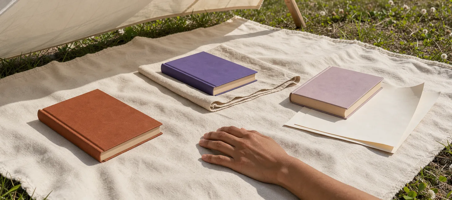 Closed books in copper, violet and mauve beside a folded blanket in spring daylight