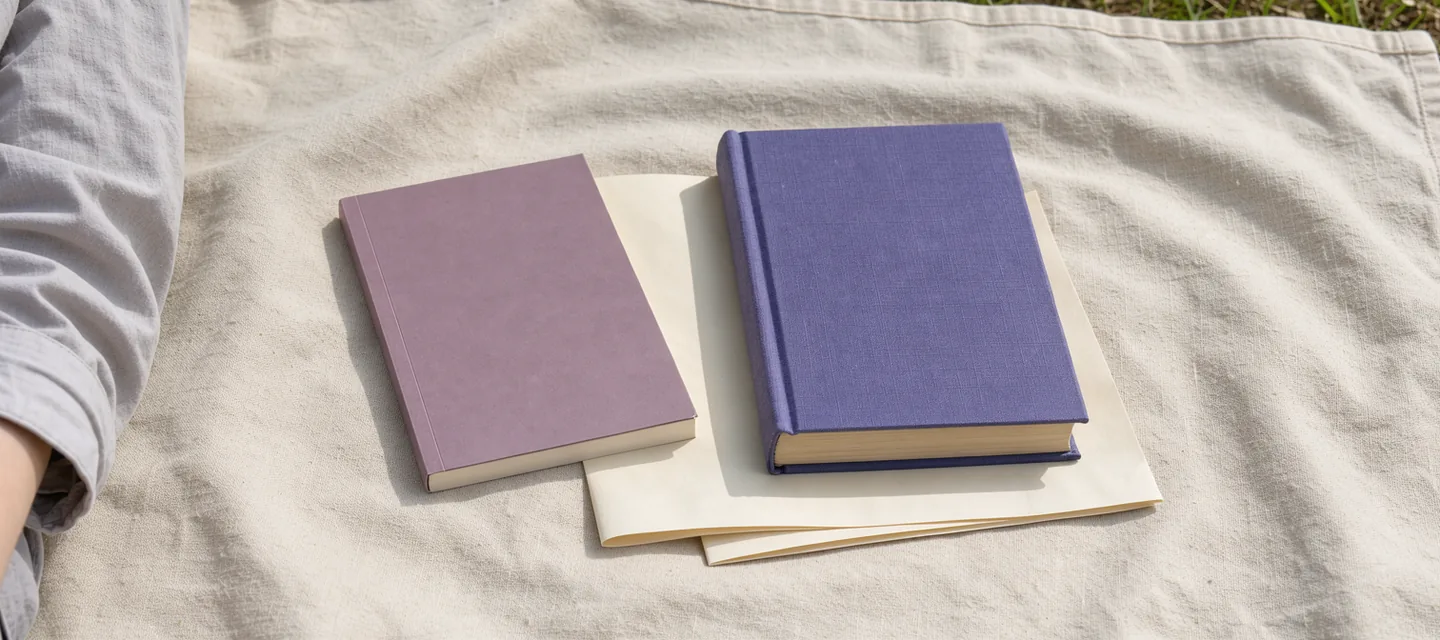 A small closed paperback rests beside a much larger closed book beneath a canvas shade