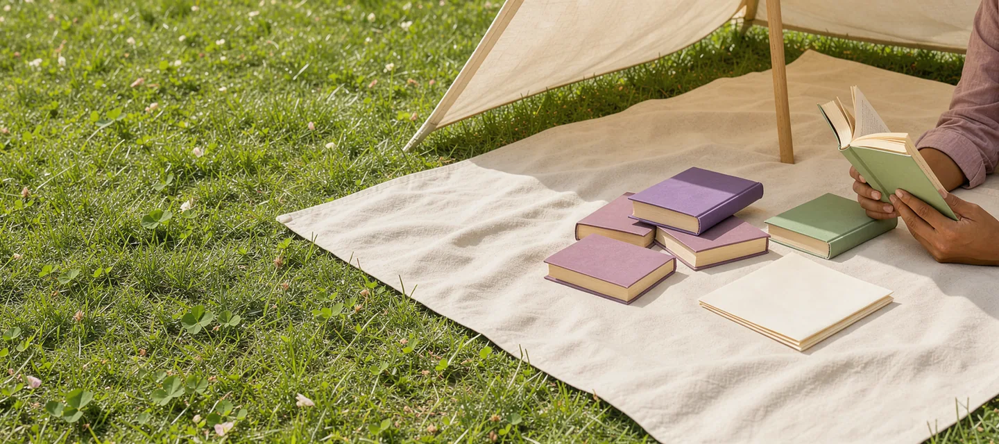 A quiet reading picnic under a plain canvas sunshade with books and folded paper