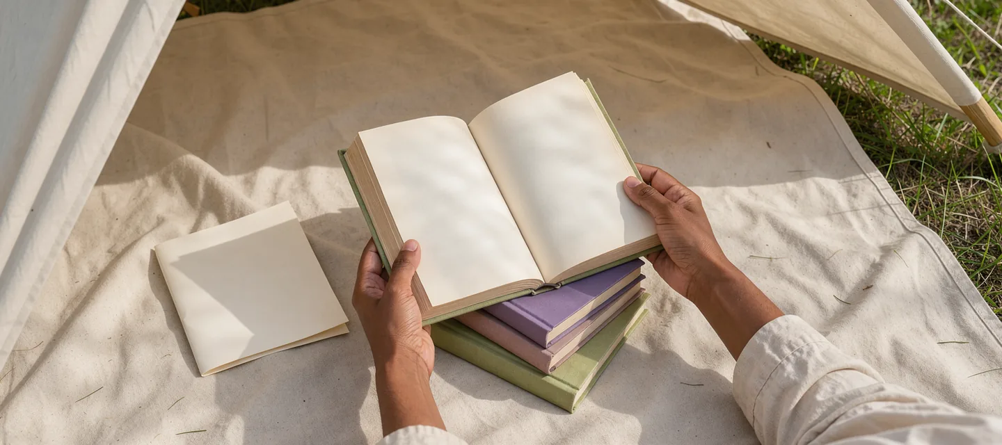 A reader holds an open book over their own colourful pile on an outdoor canvas blanket