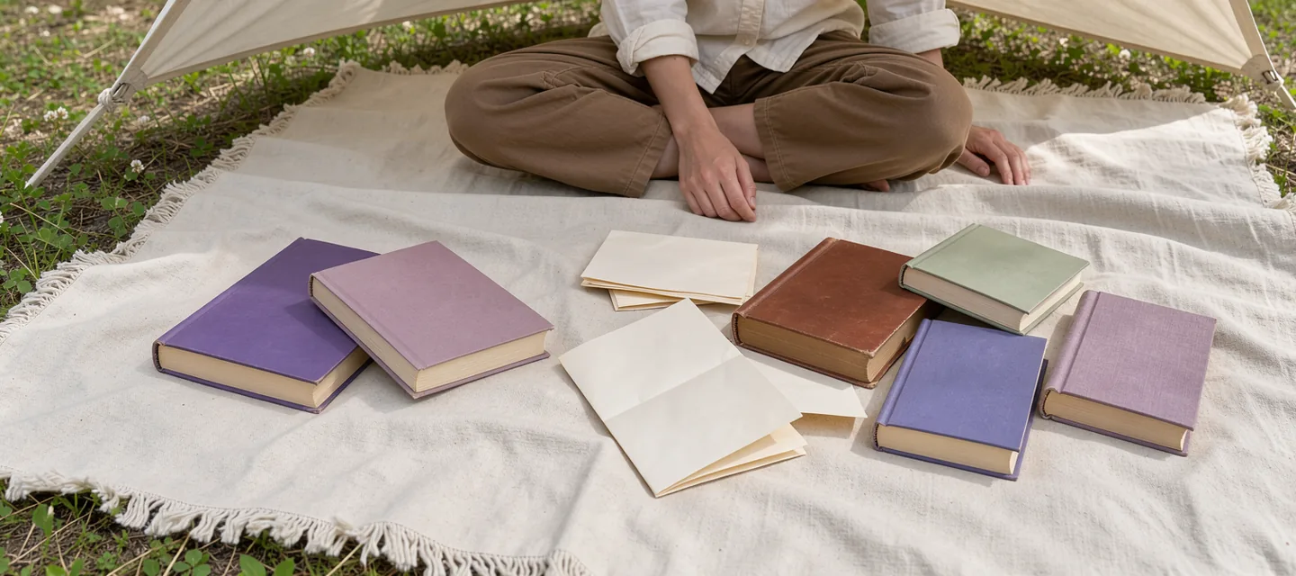 Two loosely grouped piles of closed books and folded sheets at a personal reading picnic